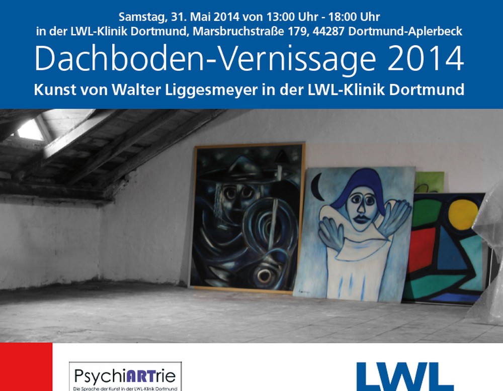 Titel des Veranstaltungsprospektes Dachboden-Vernissage. Es zeigt Bilder der Künstlers auf dem Dachboden.