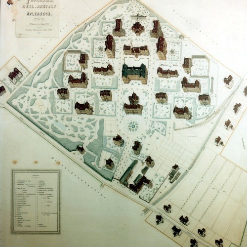 Das Klinikgelände in einer historischen Darstellung grafisch dargestellt
