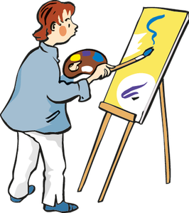 Ein Mann steht mit Pinsel und Malbrett in der Hand vor einer Staffelei und malt ein Bild