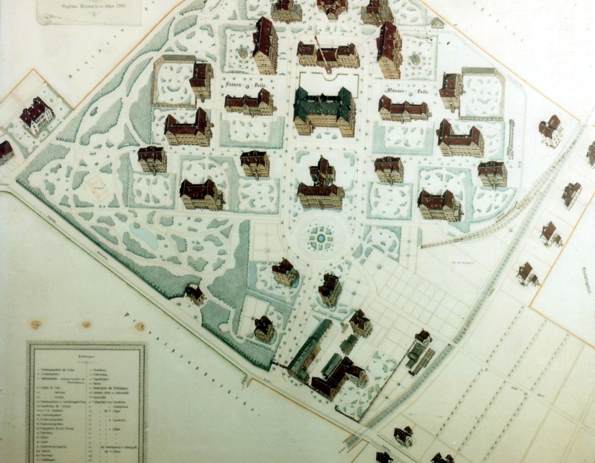 Das Anstaltsgelände in einer Illustration von 1900. Die einzelnen Häuser sind filigran in den Plan eingezeichnet