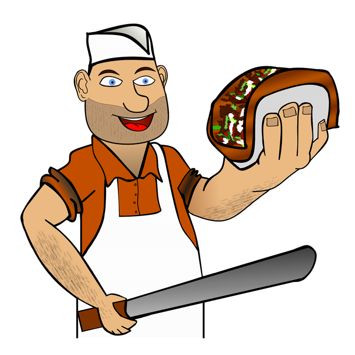 Ein Koch mit einem Messer und einem Döner in der Hand (vergrößerte Bildansicht wird geöffnet)