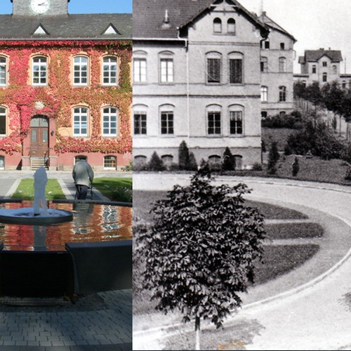 Ein Gebäude in farbiger, neuzeitlicher und schwarz-weißer, geschichtlicher Darstellung