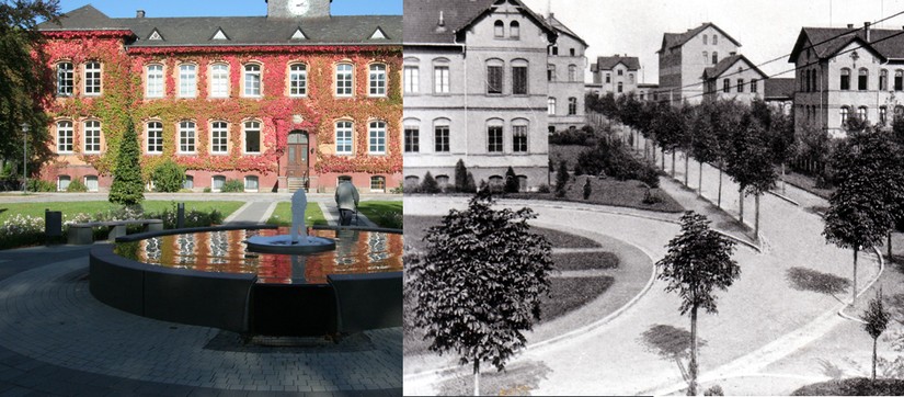 Das Verwaltungsgebäude der LWL-Klinik Dortmund, heute und 1895 in einer Fotomontage dargestellt