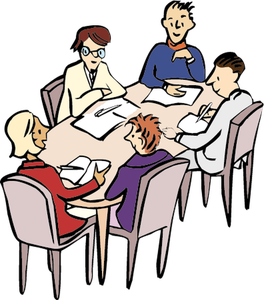 Eine Gruppe von Menschen sitzt gemeinsam an einem Tisch, unterhalten sich miteinander und arbeiten gemeinsam an einer Sache