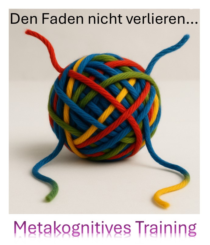 Ein Wollknäuel aus dem vier Fäden in verschiedenen Farben herausragen.