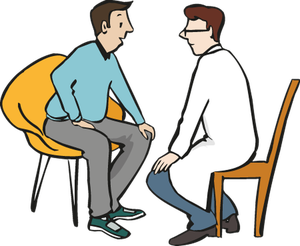 Ein Mann in einem langen, weißen Kittel sitzt einem anderen Mann auf einem Stuhl gegenüber und hört sehr aufmerksam zu, was dieser ihm erzählt