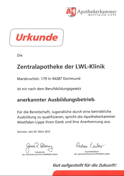 Urkunde der Apothekenkammer: Ausbildungsbetrieb