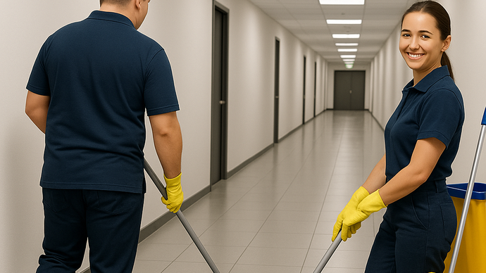 Zwei Reingungskräfte wischen einen Flur Zwei Reingungskräfte wischen einen Flur