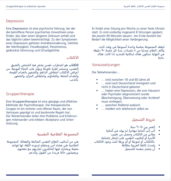 Flyer Gruppentherapie in arabischer Sprache