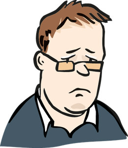 Ein Mann mit braunen Haaren, einer Brille und einem grauen Oberteil schaut ganz traurig und ist in Nahaufnahme zu sehen